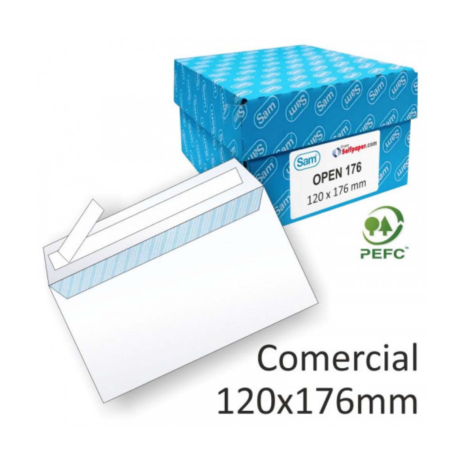 SAM · Sobres Comerciales Autoadhesivos · 500 unidades · 120x176mm · Offset Blanco 90g