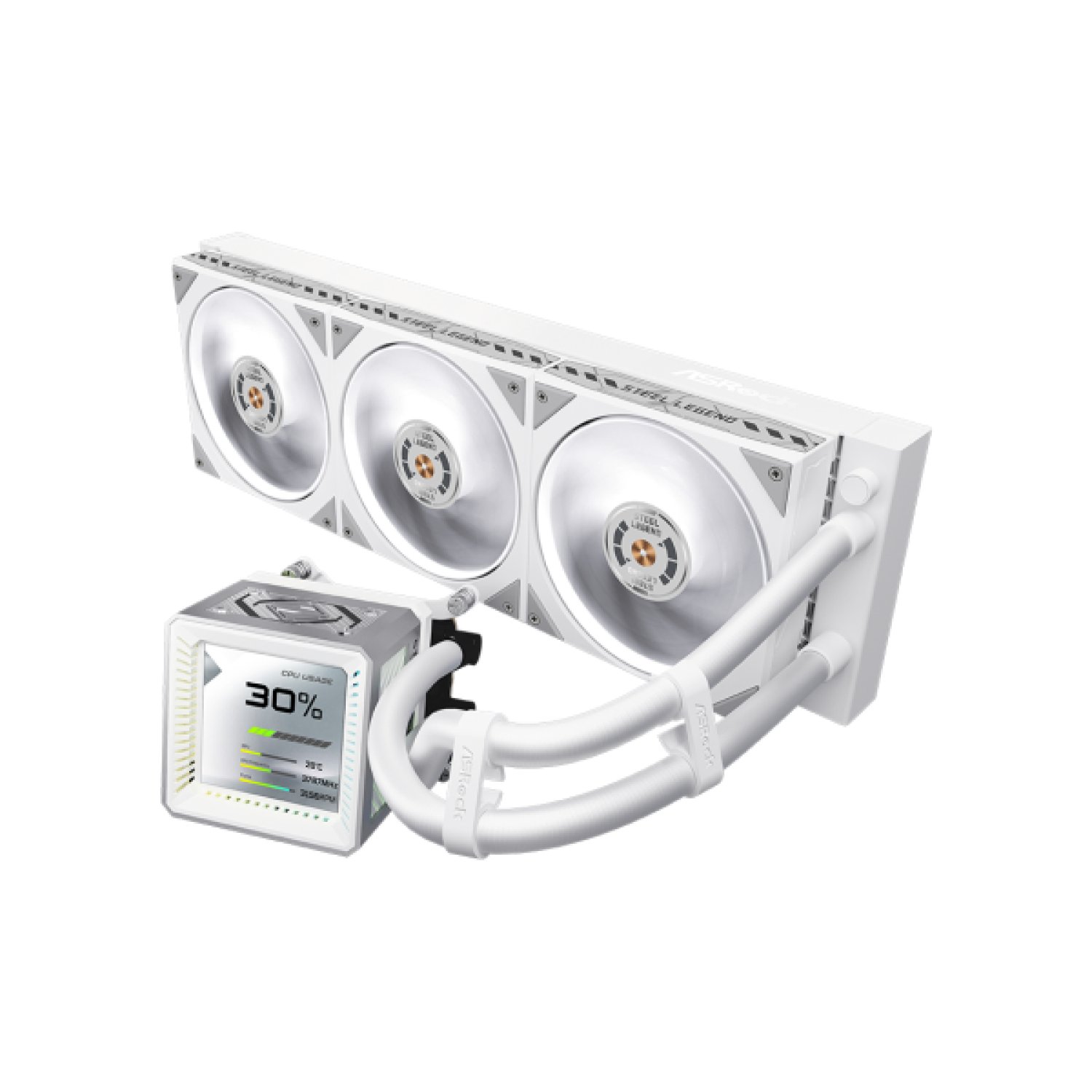 Asrock Cooler Steel Legend 360 · Disipador Líquido · Socket AM5/AM4/1851/1700 · 3x120mm ARGB · Display LCD · Blanco