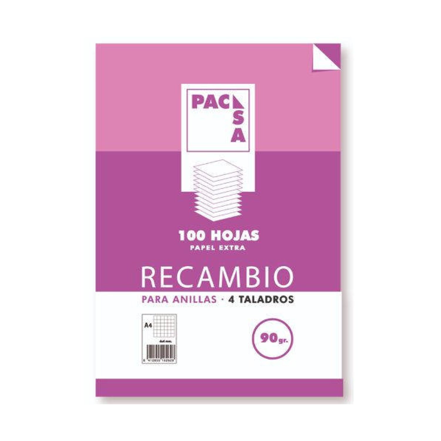 Pacsa · Recambio Folio 4 Taladros · 100 Hojas Cuadriculadas 4x4 con Margen · 215x310mm