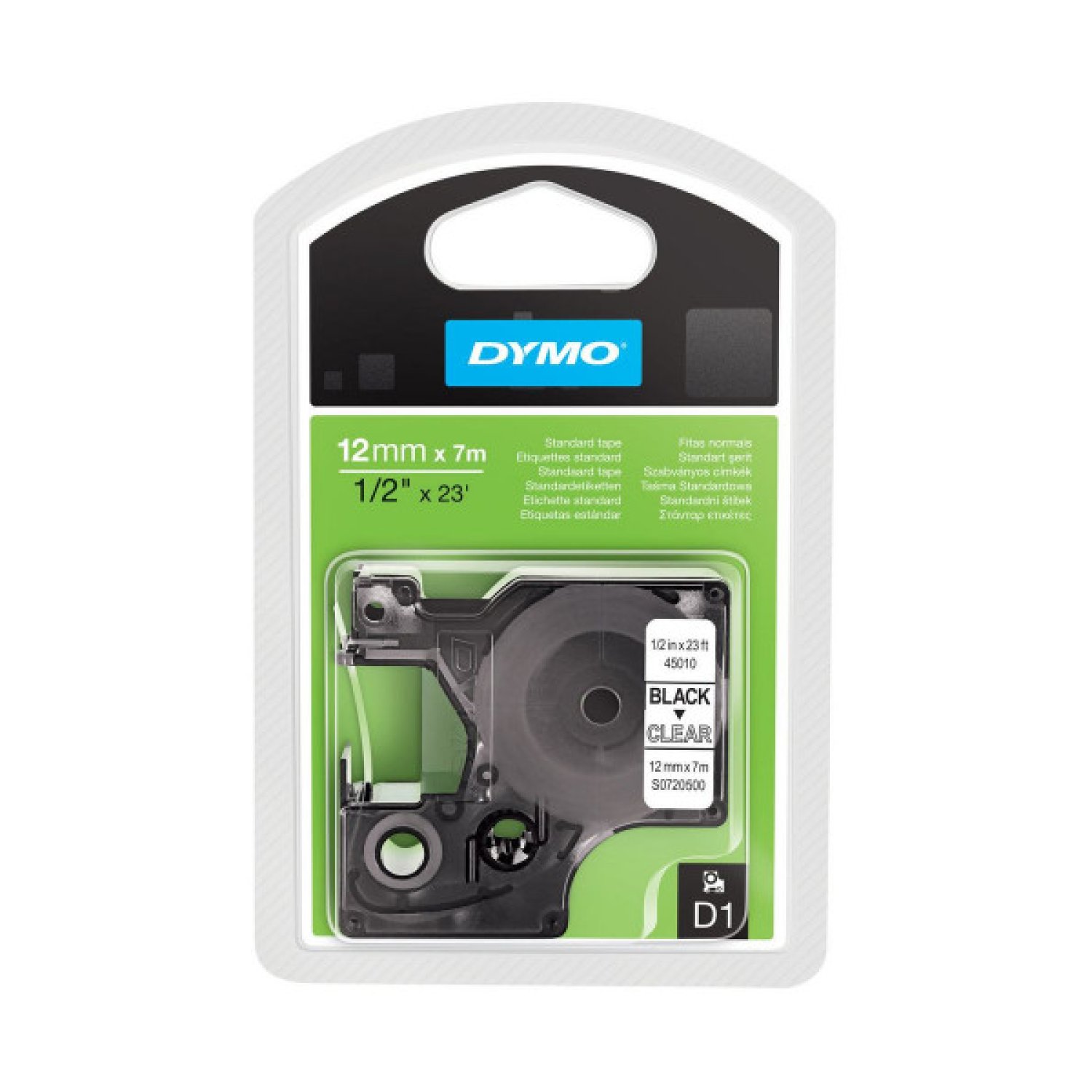 Dymo Cinta D1 · 12mm x 7m · Texto Negro sobre Fondo Transparente