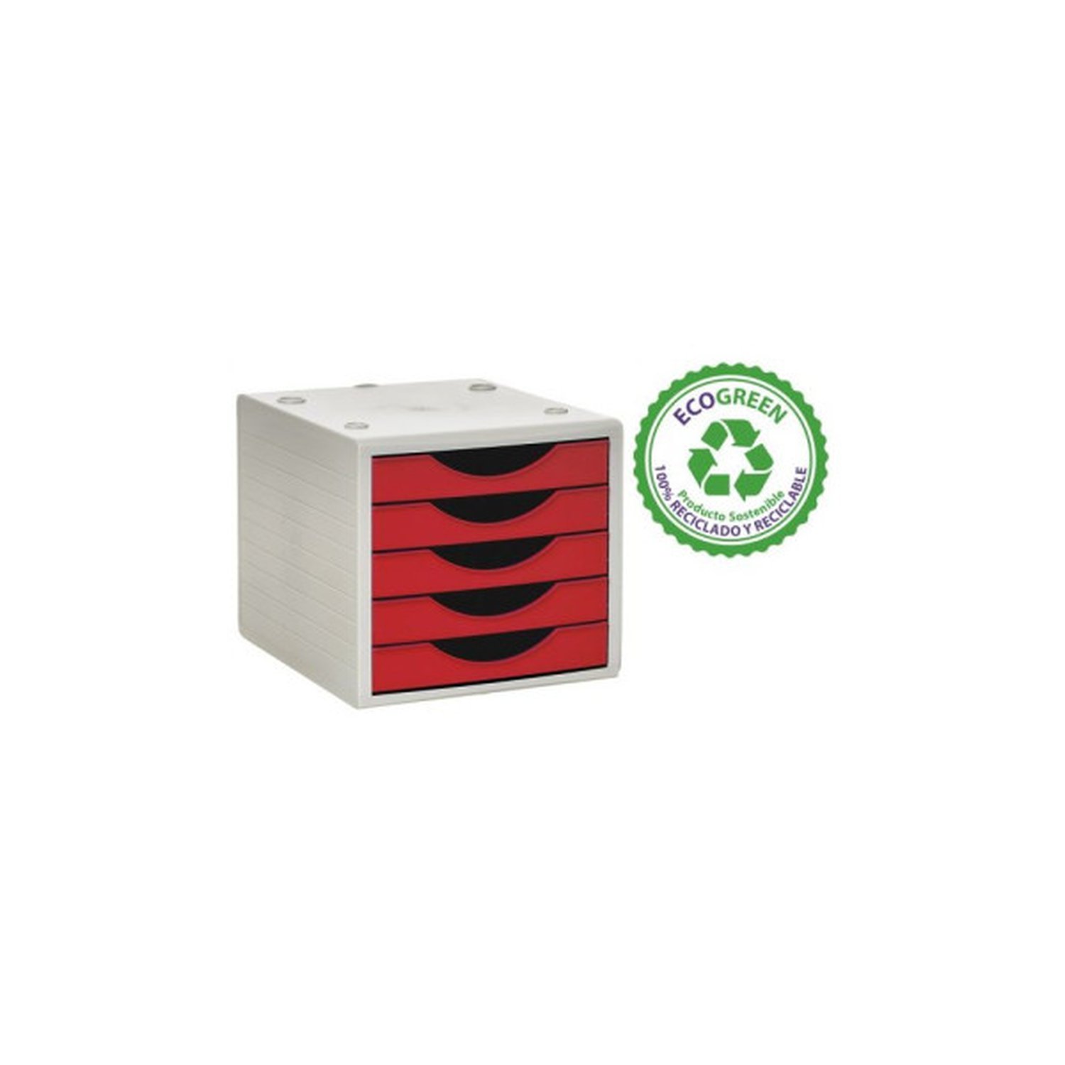MÓDULO ECOGREEN 5 CAJONES BLANCO 100% RECICLADO Y RECICLABLE DIN A4 FOLIO Y SUBCARPETA MEDIDAS: 340X270X260 MM CARCASA GRIS Y CAJONES ROJO ARCHIVO 2000 4005 RJ