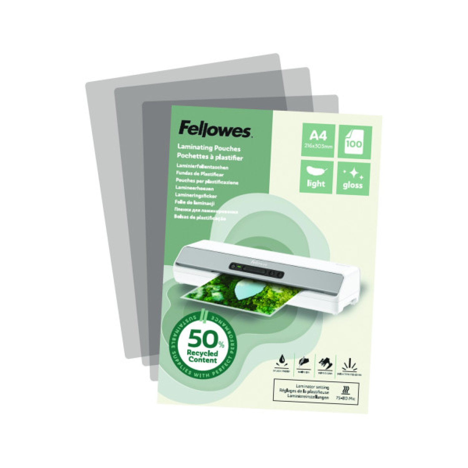 Fellowes · Pack 100 Fundas Plastificar A4 · Recicladas Brillo