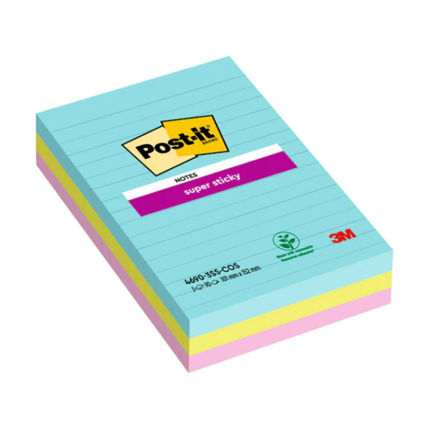 Post-it · Pack 270 Hojas Notas Adhesivas · 101x152mm · 3 Colores Surtidos · Cosmic · Con Líneas