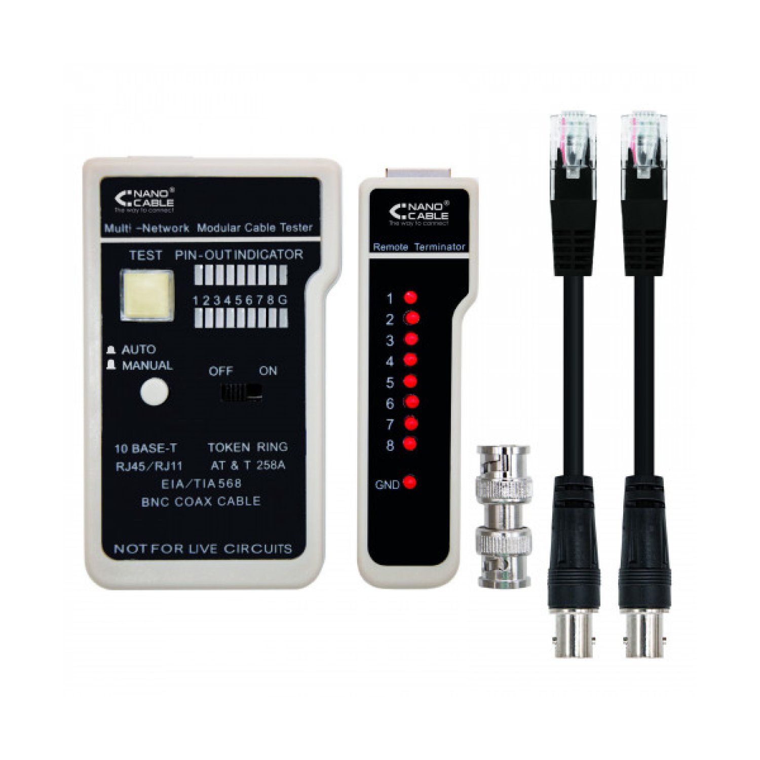 Nanocable · Testeador de Cables · RJ11/RJ12/RJ45 y Coaxial