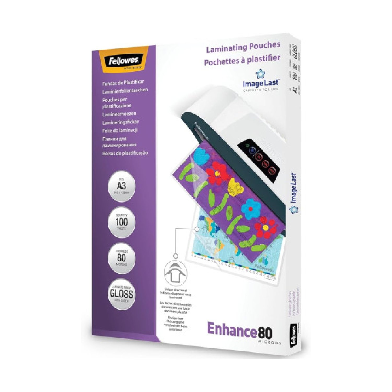 Fellowes · Pack 500 Fundas Plastificar · A3 80 Micras Brillo · 303x426 mm
