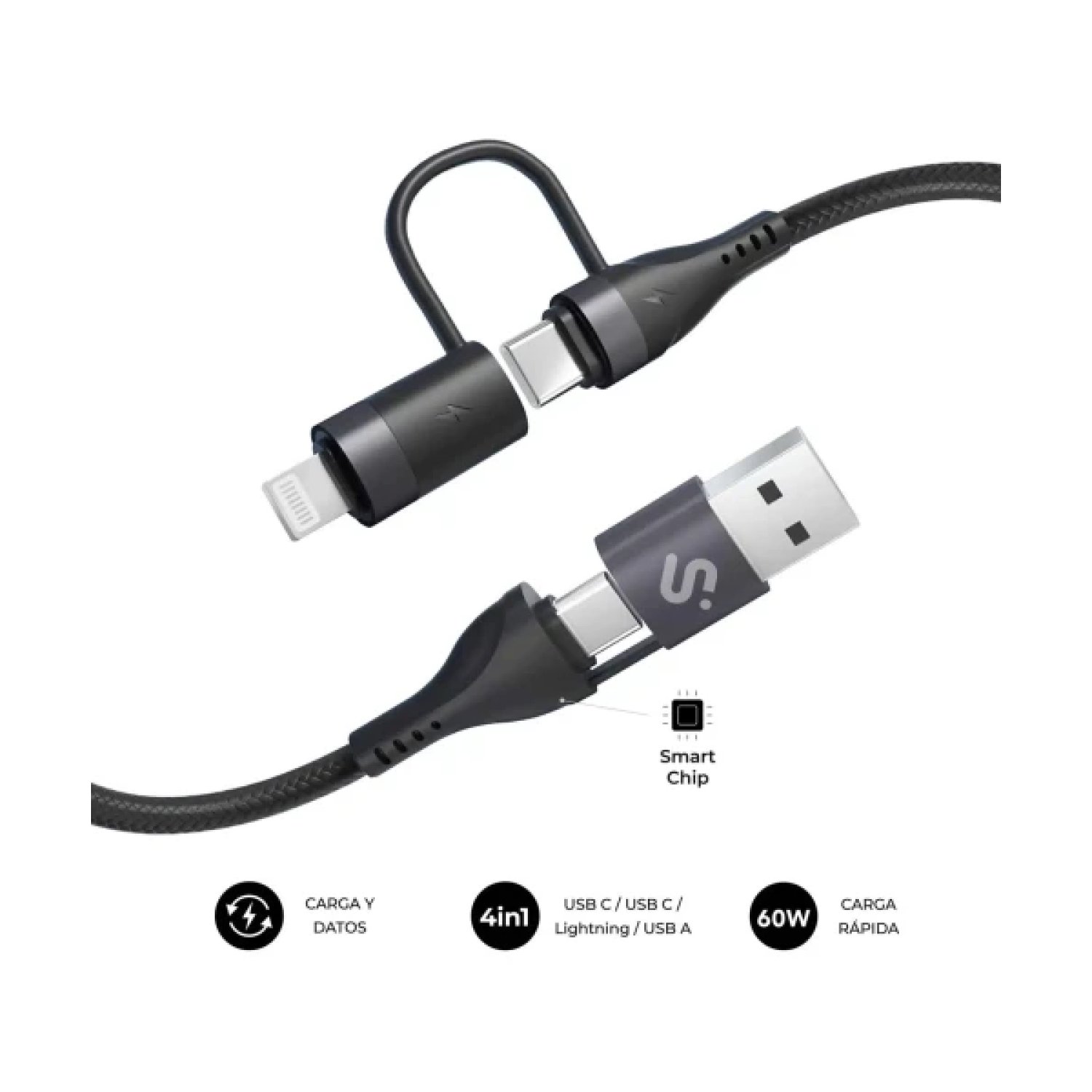 Subblim Cable Top 4 en 1 · 60W · USB-C/Lightning/Micro · 1,2m