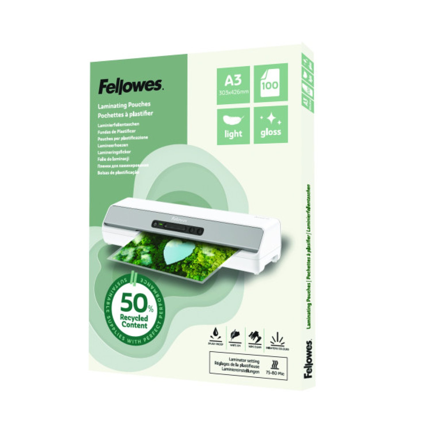 Fellowes · Pack 100 Fundas Plastificar Recicladas · A3 · Brillo