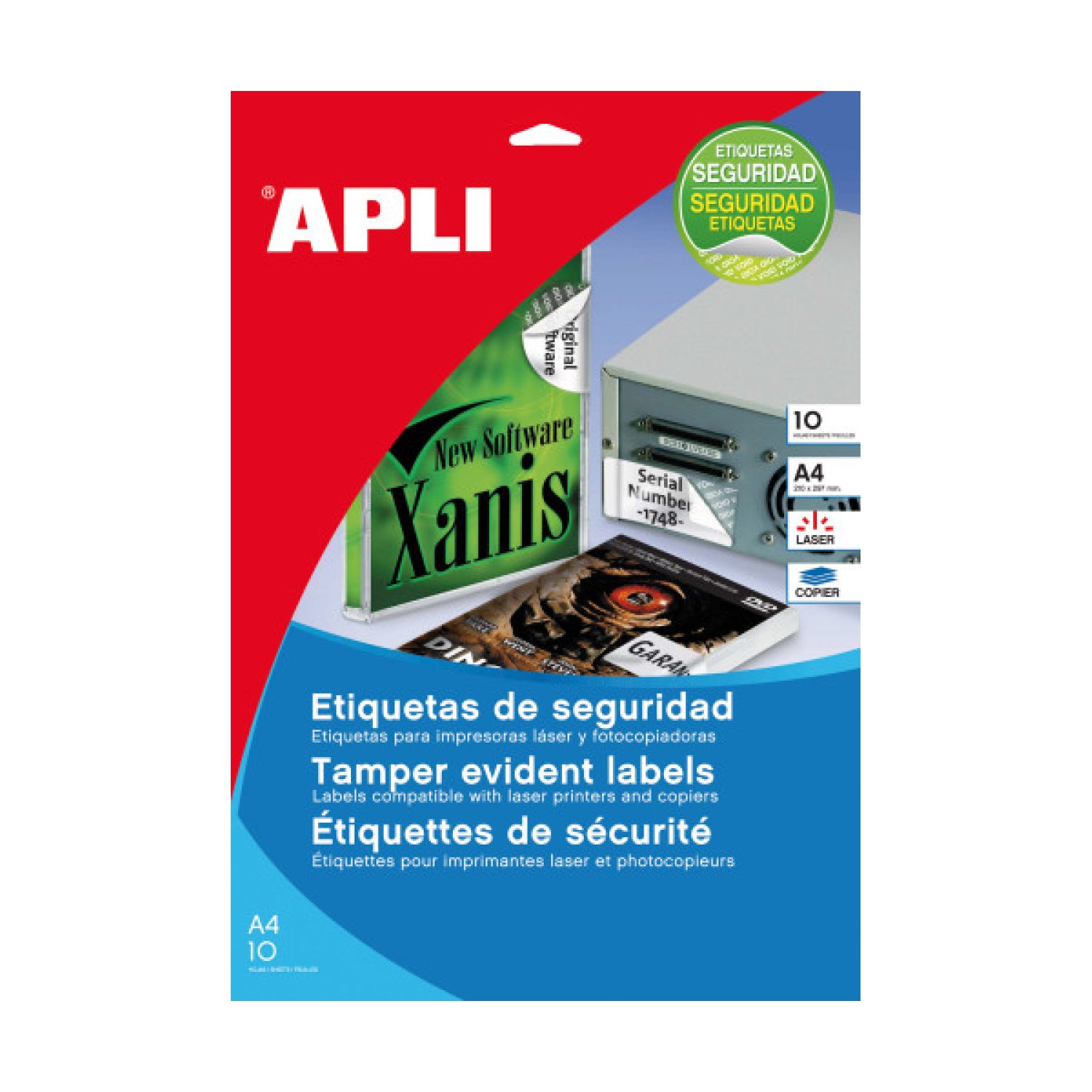 Apli · Etiquetas de Seguridad Poliéster · 10 Hojas A4 · 45,7x21,2mm · Plata