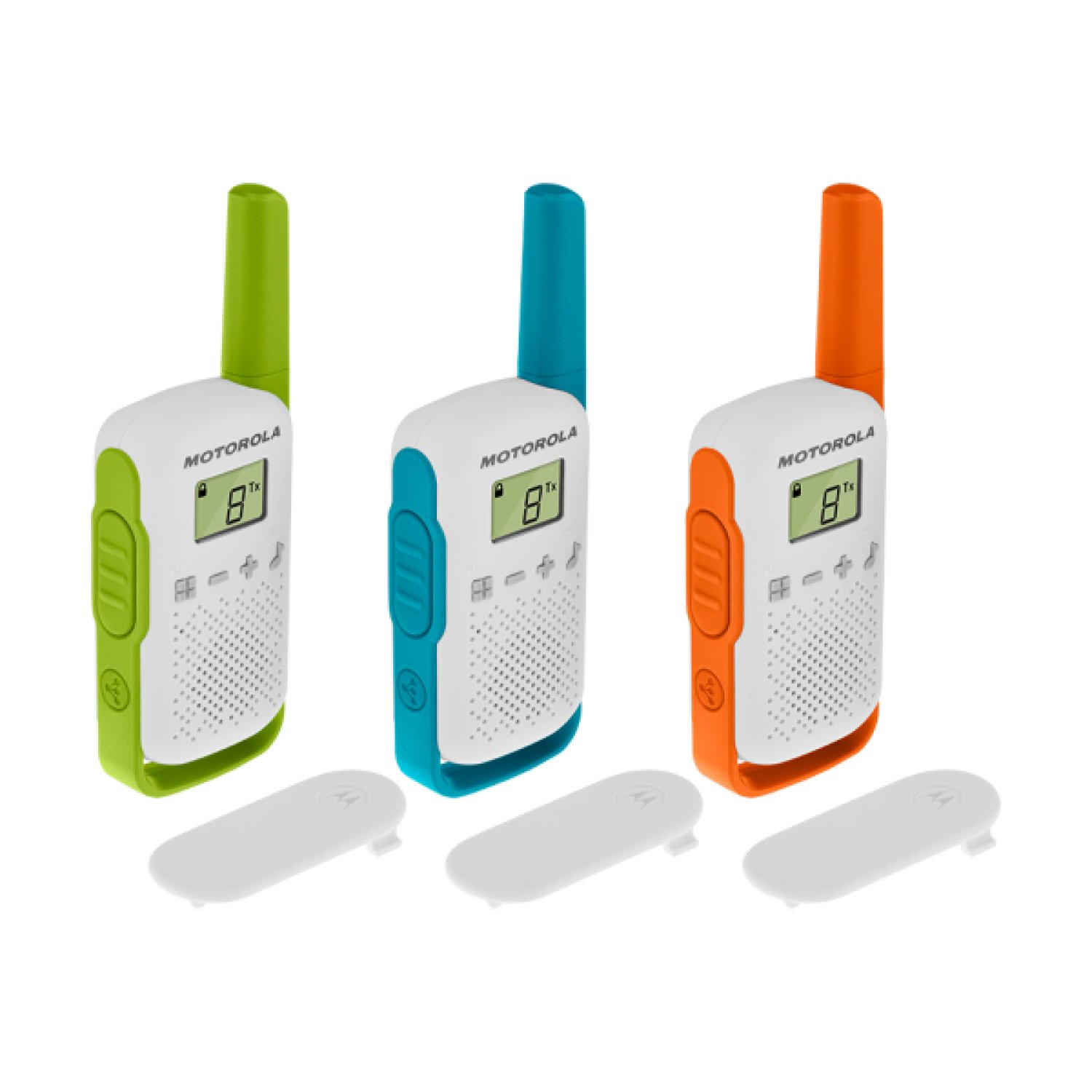 Motorola T42 · Pack 3 Walkie Talkie · Verde/Azul/Naranja
