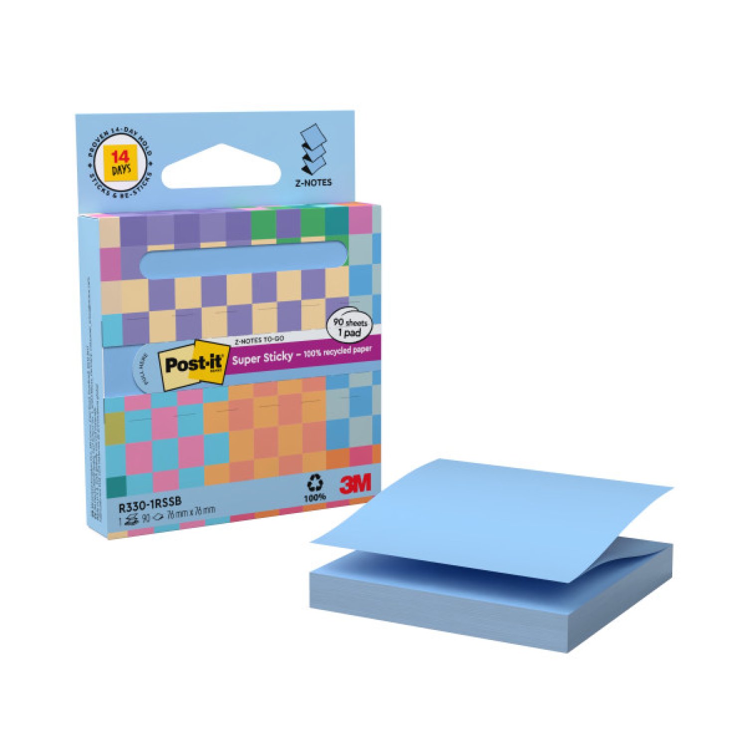 Post-it Z-Notes · Dispensador Cartón · 90 Hojas Reciclado · 76x76 mm · Azul Lavado