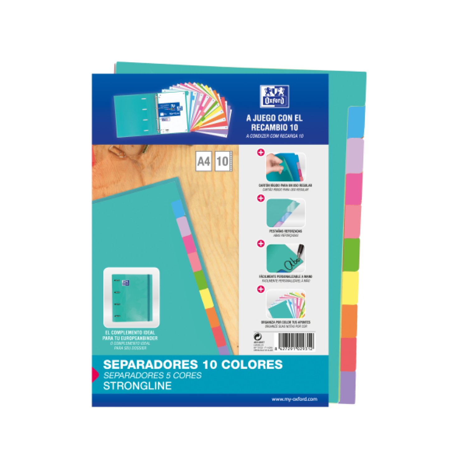 Oxford Separadores Cartulina Strongline A4 · 10 Posiciones · 10 Colores
