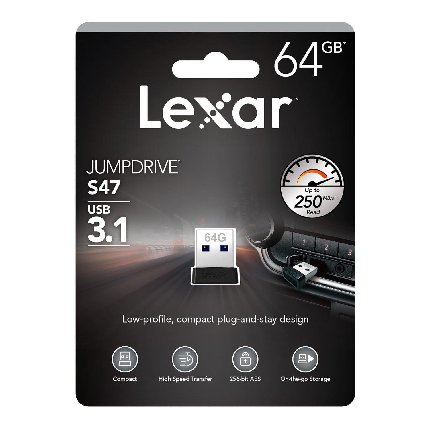 LEXAR JUMPDRIVE USB 3.1 S47 64GB BLACK PLASTIC HOUSING, UP TO 250MB/S
