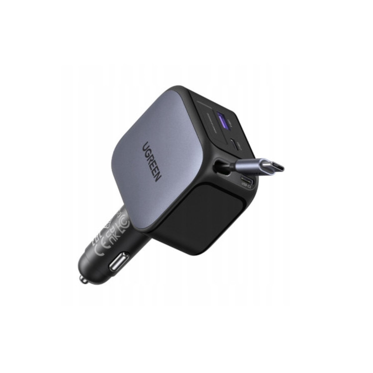 UGREEN Cargador Coche · 145W · 3 USB-C + 1 USB-A · Cable Retráctil