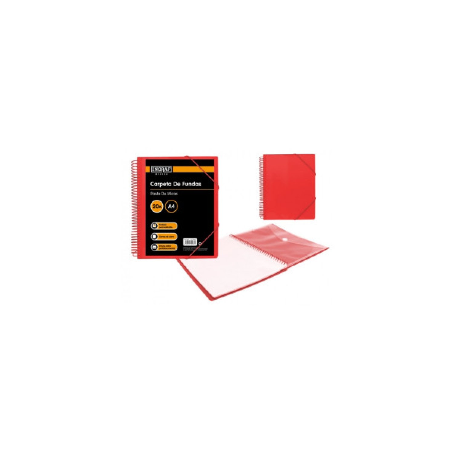 Ingraf · Carpeta Espiral A4 · 20 Fundas con Sobre · Roja · Polipropileno