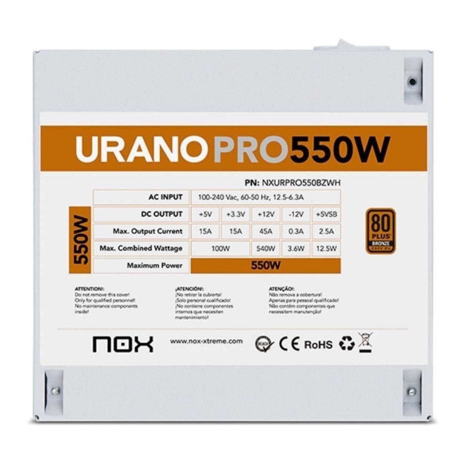 NOX Urano PRO · 550W · Certificación Bronze · ATX · Blanco