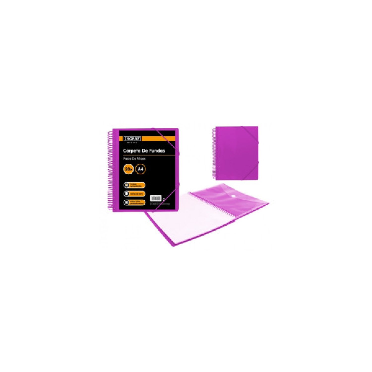 Ingraf · Carpeta Espiral A4 · 20 Fundas con Sobre · Polipropileno Morado