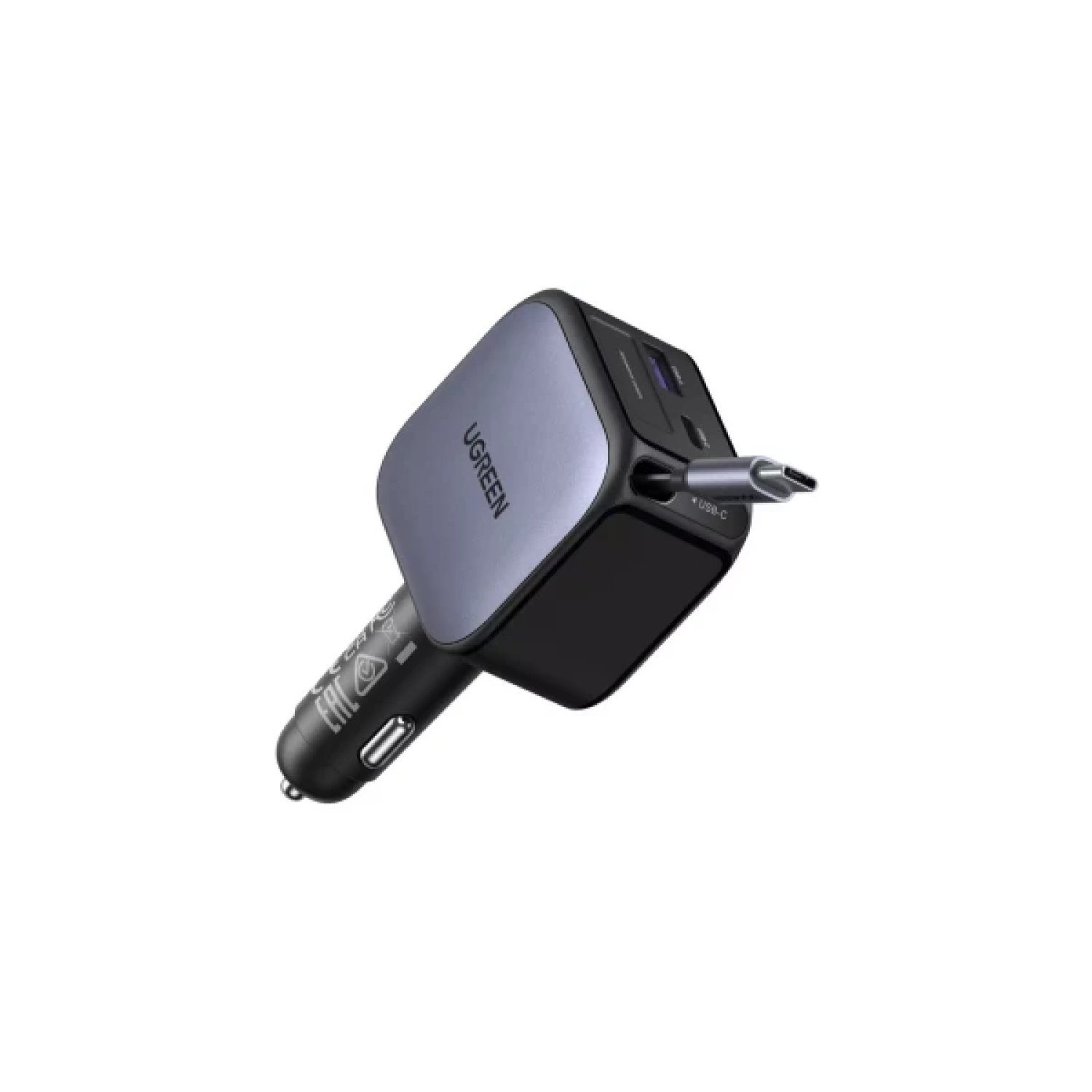 Ugreen Cargador Coche 90W · 2 USB-C + 1 USB-A · Cable Retráctil