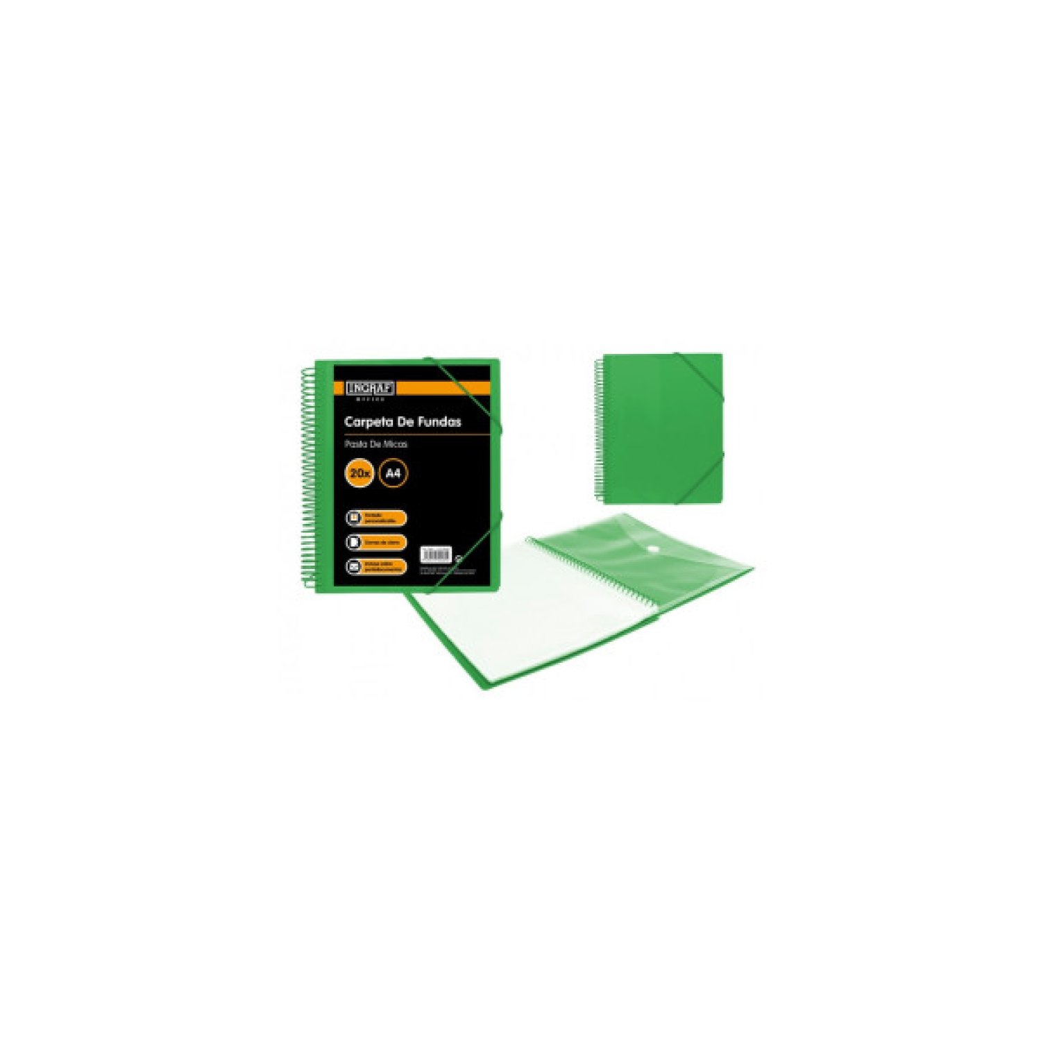 Ingraf · Carpeta Espiral A4 · 20 Fundas con Sobre · Verde Polipropileno