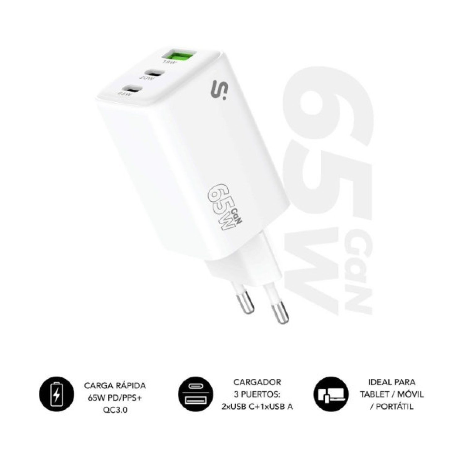 Subblim Cargador GAN 65W · USB-C + USB-C + USB-A