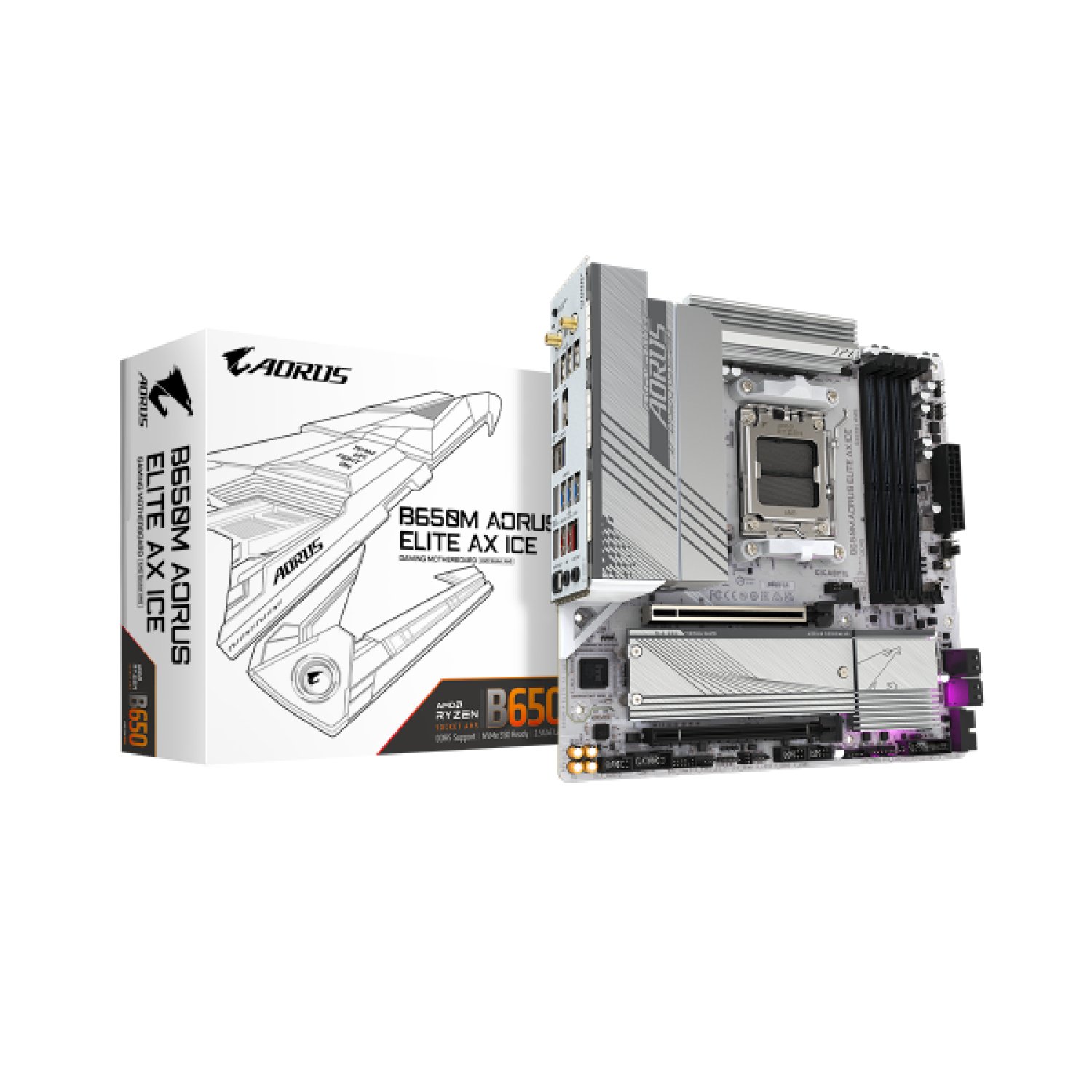 Gigabyte B650M Aorus Elite AX Ice · Placa Base AM5 · DDR5 8000MHz · PCIe 5.0 · WiFi 6E