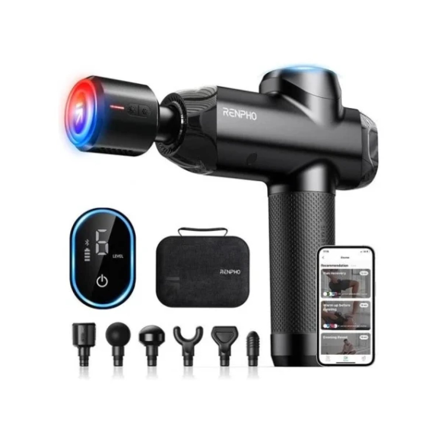 Renpho Power+ · Pistola de Masaje · 6 Cabezales · 6 Velocidades · 12mm · BLE · Calor y Frío