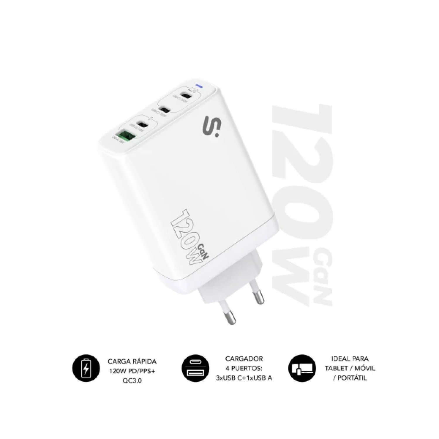 Subblim Cargador GAN 120W · 3 USB-C + 1 USB-A · Carga Rápida