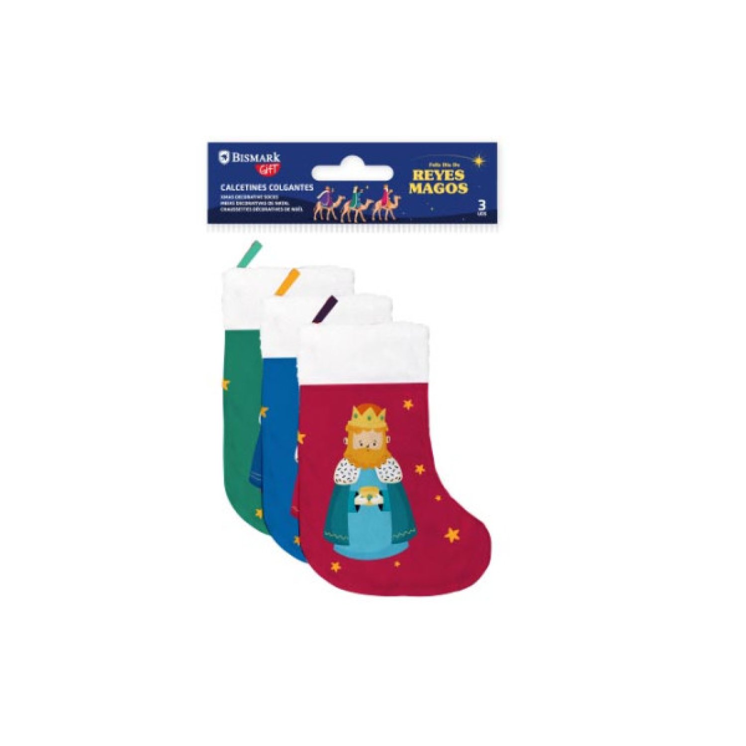 Bismark · Pack 3 Calcetines Decorativos Reyes Magos · Verde/Rojo/Azul