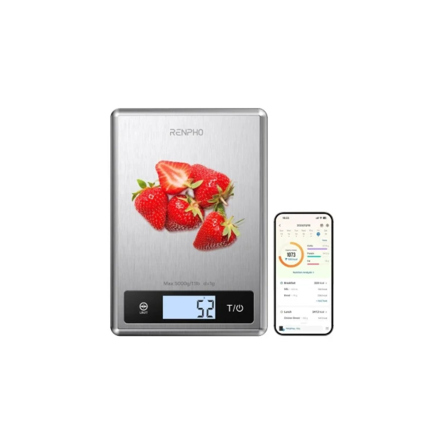 Renpho Calibra 1 · Báscula Nutricional Inteligente · Bluetooth · 5kg · Acero Inoxidable Gris