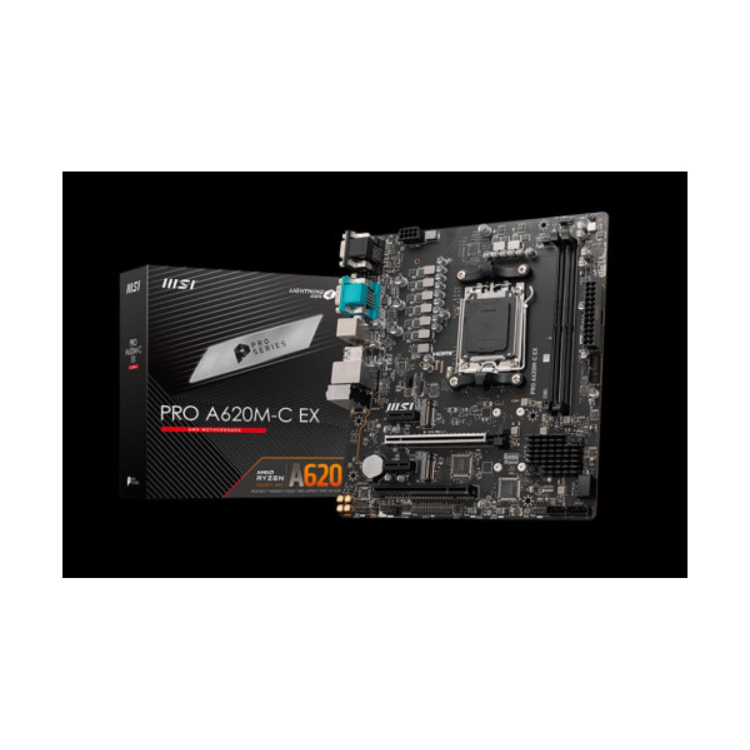 MSI PRO A620M-C · Socket AM5 · Chipset A620 · 2 DDR5 · VGA+DVI+HDMI+DP · 4 SATA + 2 M.2 · Micro-ATX