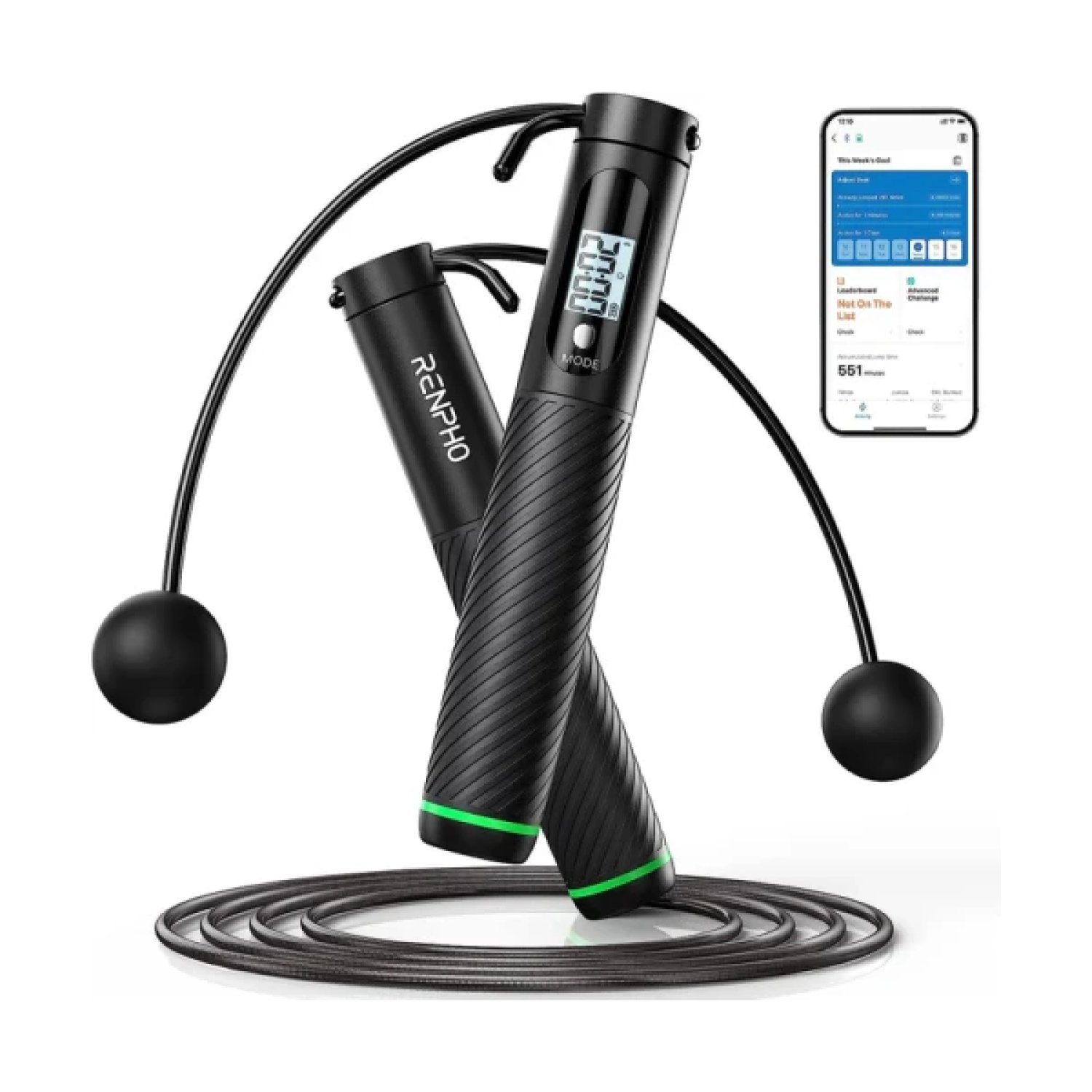 Renpho Smart Jump Rope · Cuerda Inteligente Inalámbrica · Negro