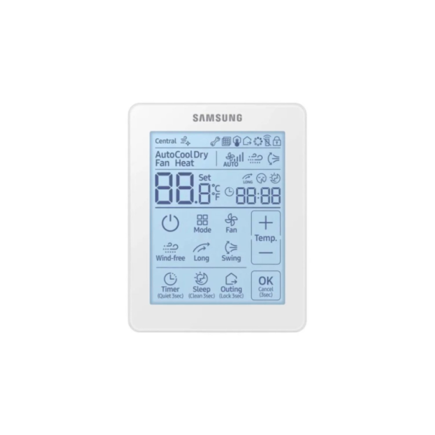 Samsung · Control Remoto Multifunción · Pantalla Táctil · Calefacción y Clima