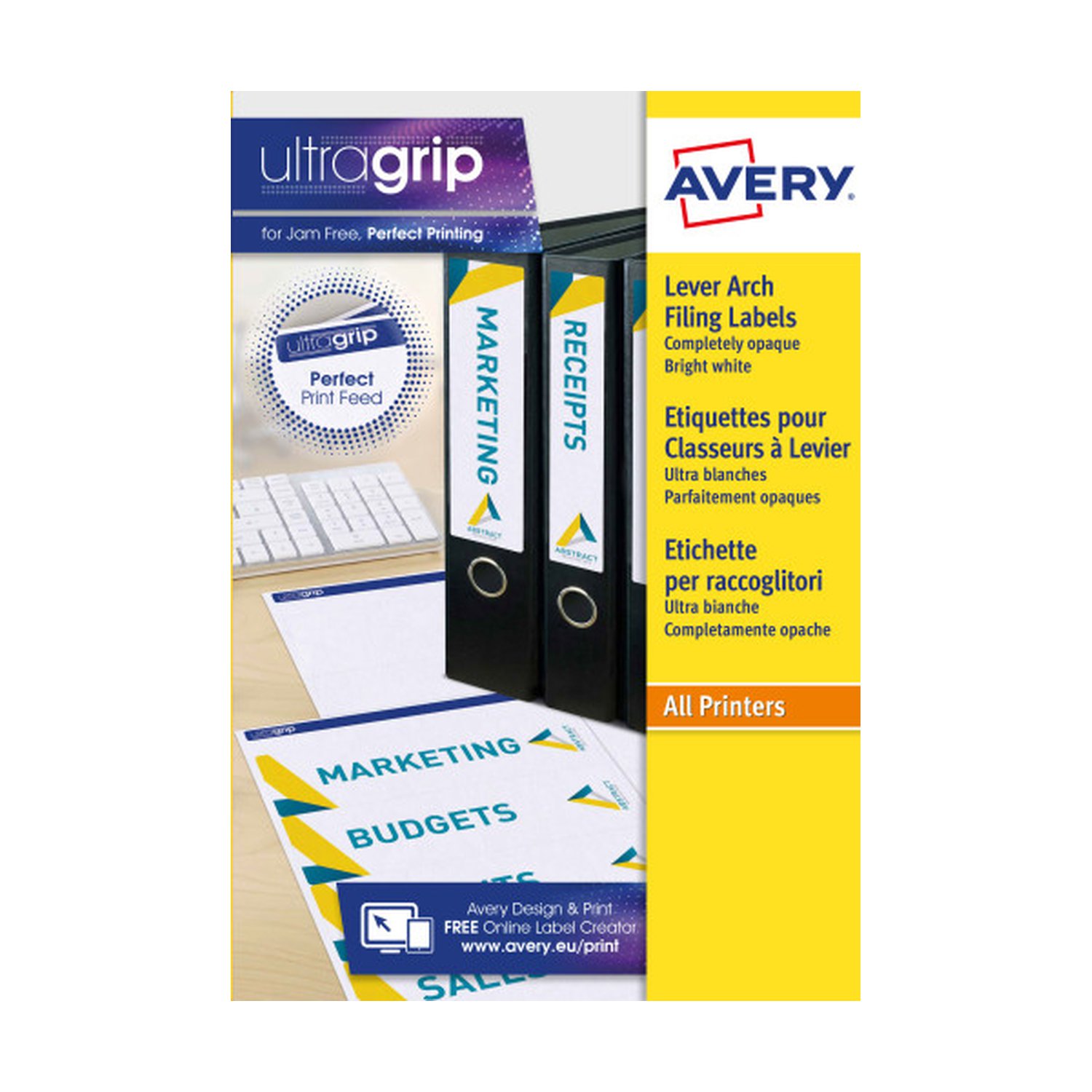 PAQUETE 25 HOJAS ETIQUETAS BLANCAS PARA ARCHIVADORES CON DORSO FINO-IMPRESORAS LÁSER-192X38 MM AVERY L4760-25