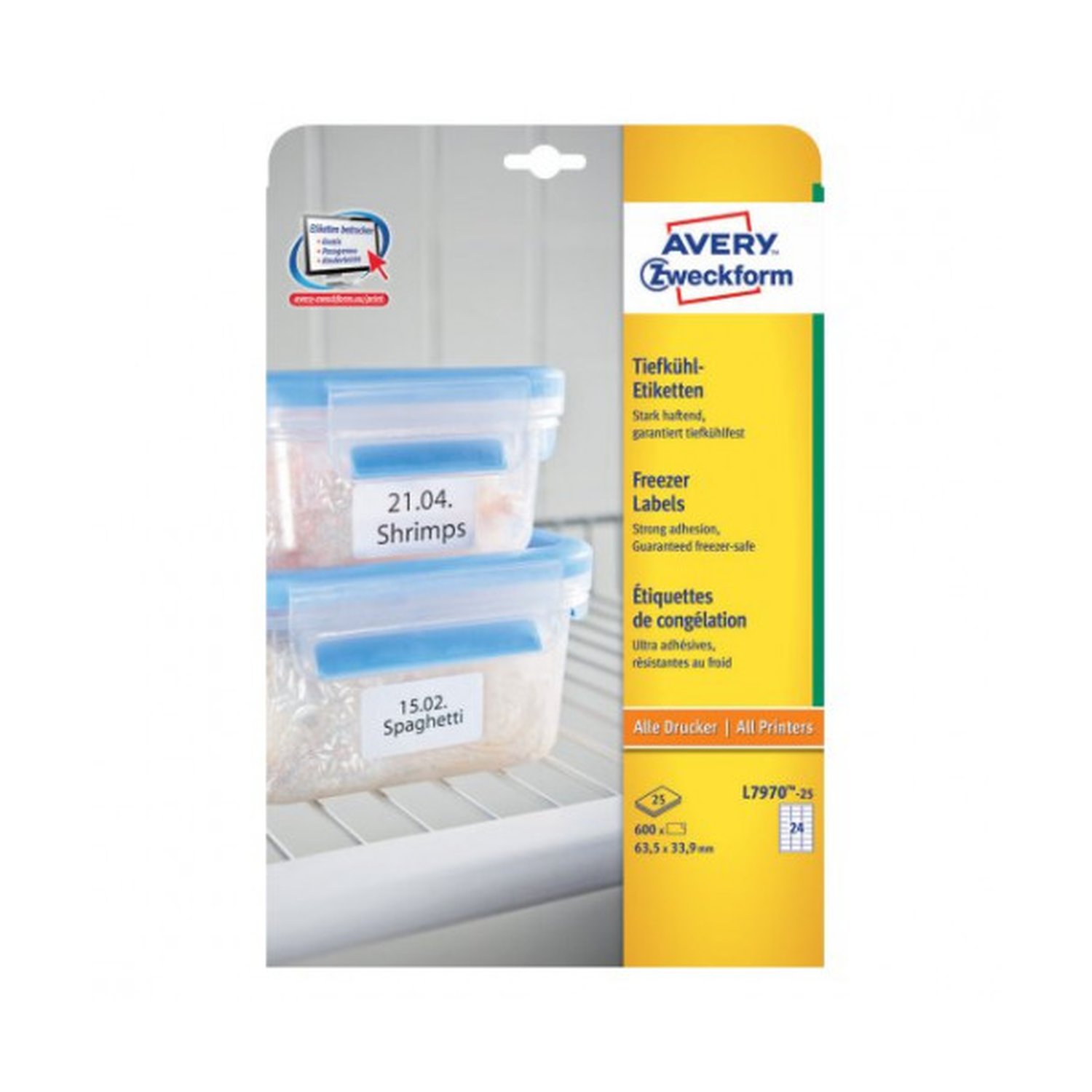 PAQUETE 25 HOJAS ETIQUETAS PARA EL CONGELADOR-IMPRESORAS LÁSER, INYECCIÓN DE TINTA Y FOTOCOPIADORAS-63,5 X 33,9 MM AVERY L7970-25