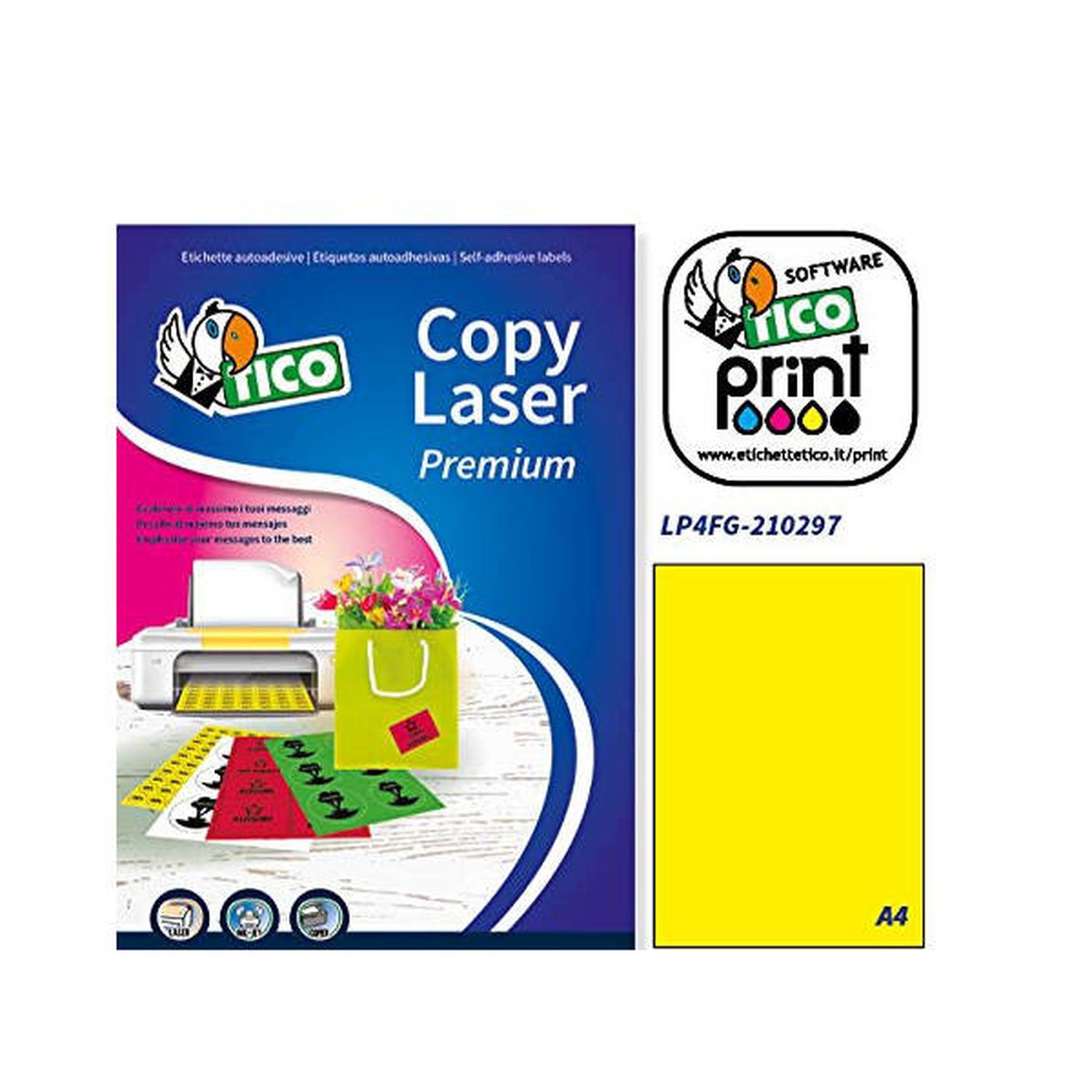 CAJA 70 HOJAS ETIQUETAS AMARILLO FLUORESCENTE SIN MÁRGENES-LÁSER/INYECCIÓN DE TINTA/FOTOCOPIADORAS-210X297 MM TICO LP4FG-210297