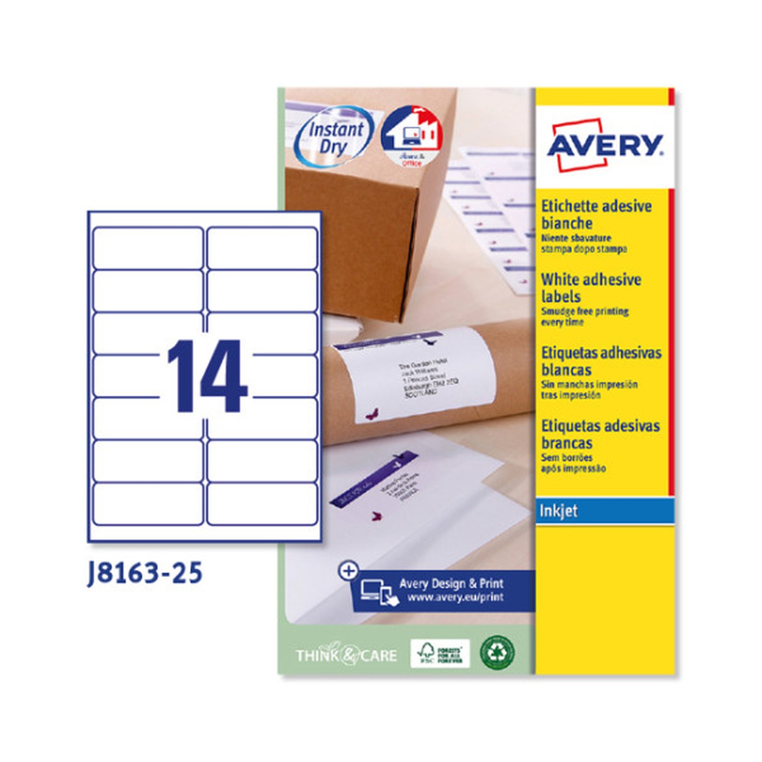 PAQUETE 25 HOJAS ETIQUETAS BLANCAS QUICK DRY-IMPRESORAS DE INYECCIÓN DE TINTA-99,1X38,1 MM AVERY J8163-25